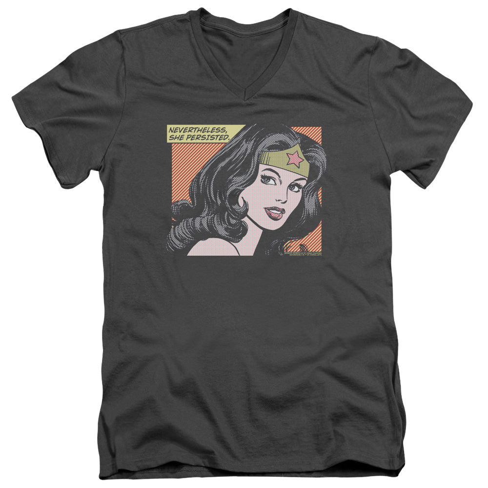 Wonder Woman She Persisted Mens Slim Fit V-Neck T Shirt Charcoal Officially Licensed