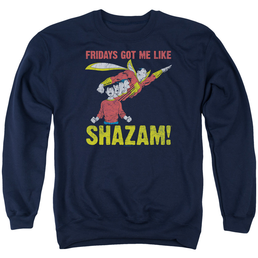 Justice League Fridays Got Me Like Mens Crewneck Sweatshirt Navy Blue Blue Officially Licensed