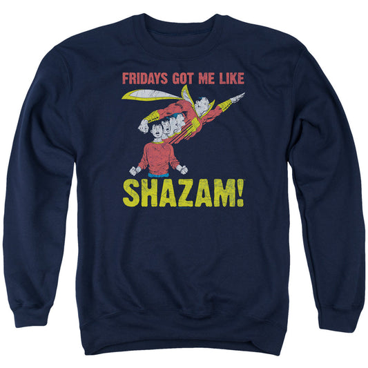 Justice League Fridays Got Me Like Mens Crewneck Sweatshirt Navy Blue Blue Officially Licensed