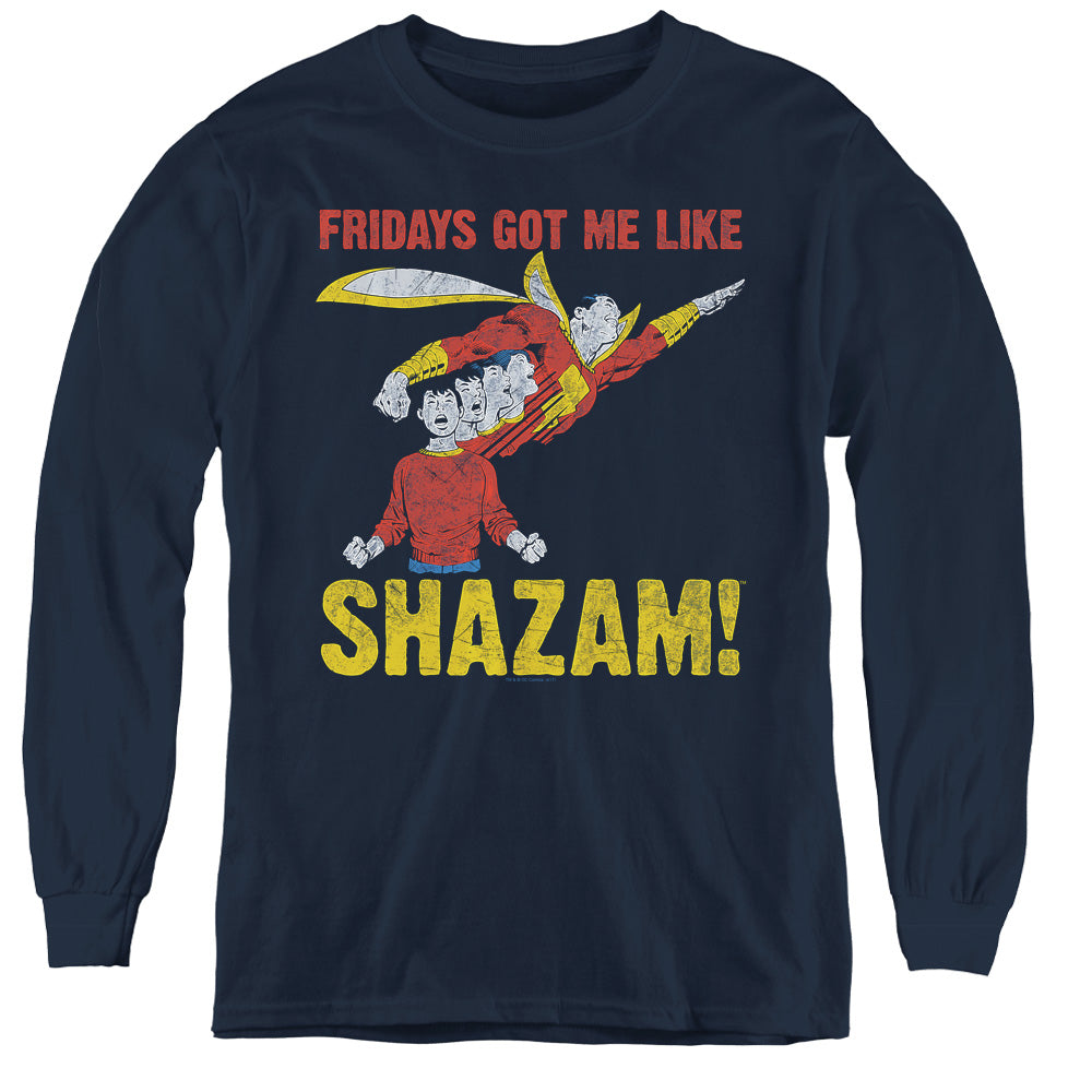 Justice League Fridays Got Me Like Long Sleeve Kids Youth T Shirt Navy Blue Blue Officially Licensed