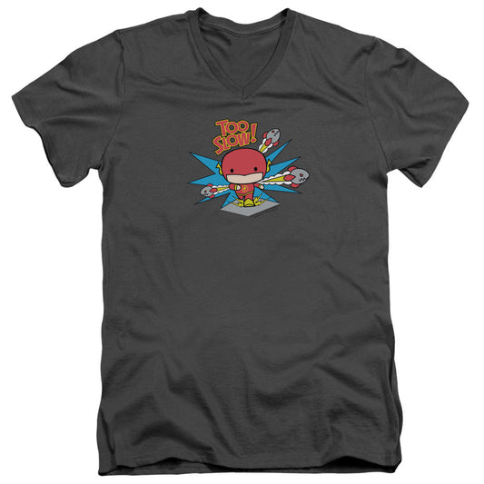 Dc Flash Too Slow Mens Slim Fit V-Neck T Shirt Charcoal Officially Licensed