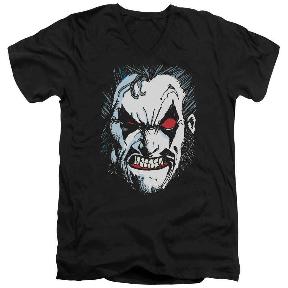 Justice League in Lo Face Mens Slim Fit V-Neck T Shirt Black Officially Licensed