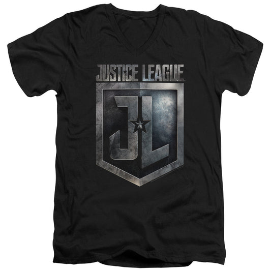 Justice League Movie Shield Logo Mens Slim Fit V-Neck T Shirt Black Officially Licensed