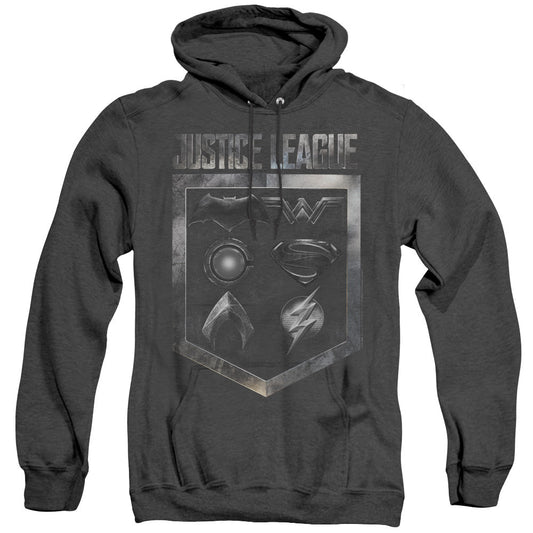 Justice League Movie Shield Of Emblems Heather Mens Hoodie Black Officially Licensed