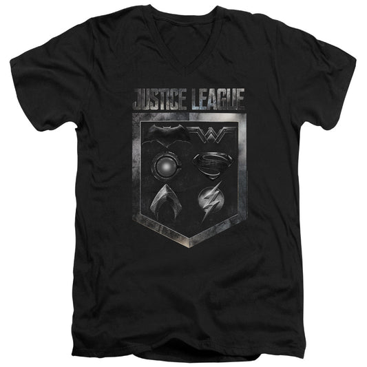 Justice League Movie Shield of Emblems Mens Slim Fit V-Neck T Shirt Black Officially Licensed