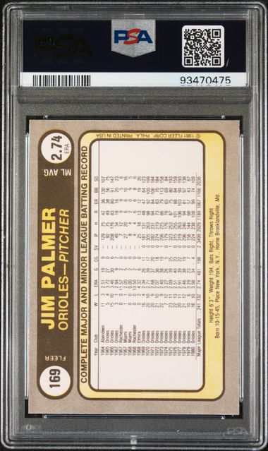 Graded 1981 Fleer Jim Palmer #169 Baseball Card PSA 5 Excellent