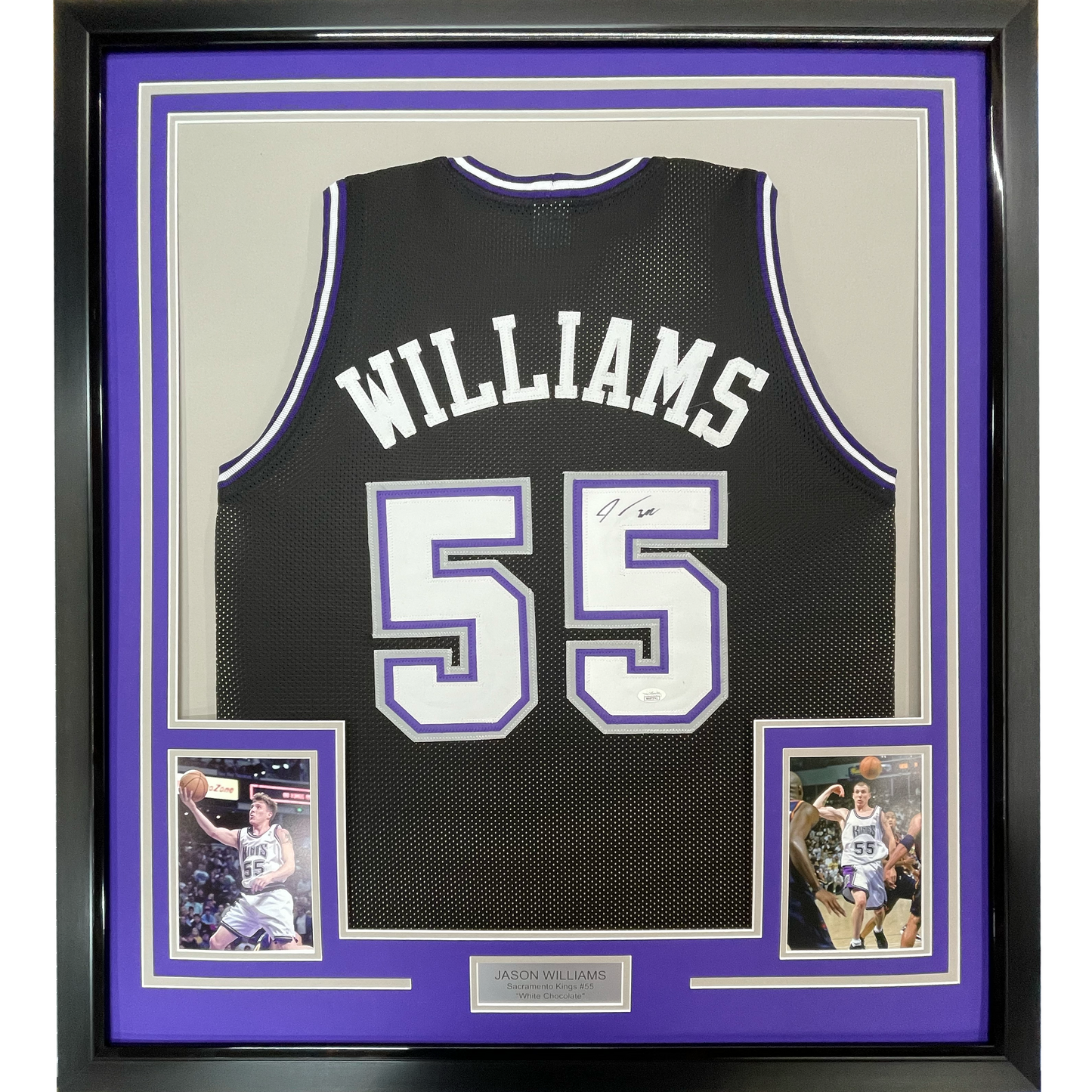 Framed Autographed/Signed Jason Williams 35x39 Sacramento Black Basketball Jersey PSA/DNA COA