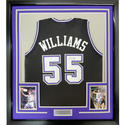 Framed Autographed/Signed Jason Williams 35x39 Sacramento Black Basketball Jersey PSA/DNA COA