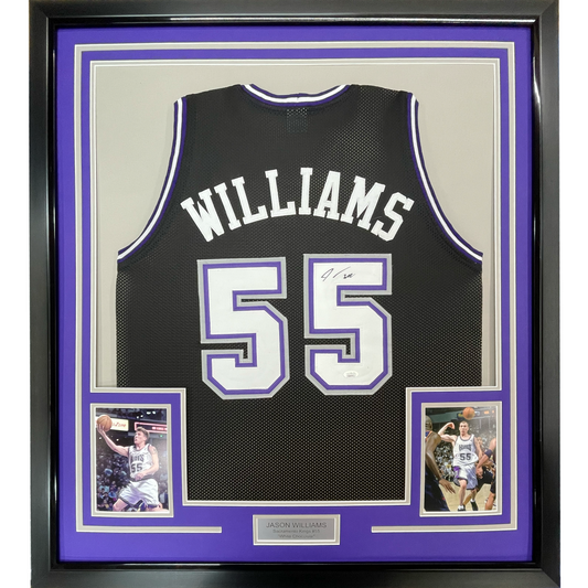 Framed Autographed/Signed Jason Williams 35x39 Sacramento Black Basketball Jersey PSA/DNA COA