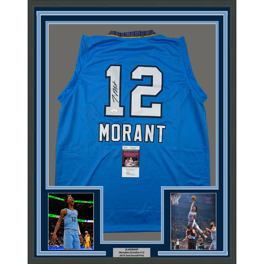 Framed Autographed/Signed Ja Morant 35x39 Memphis Light Blue Basketball Jersey JSA COA
