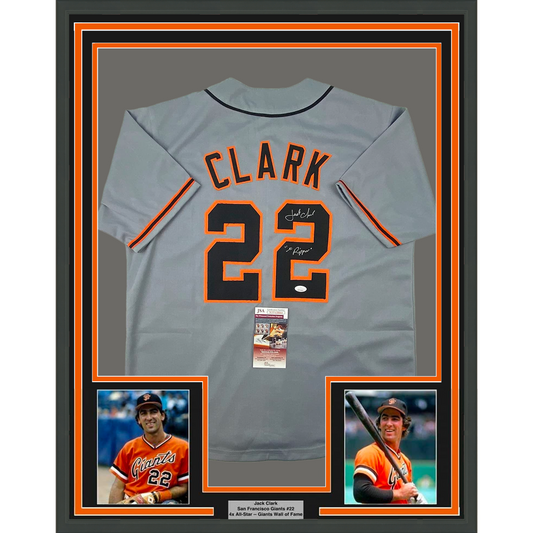 Framed Autographed/Signed Jack Clark The Ripper 35x39 San Francisco Grey Baseball Jersey JSA COA