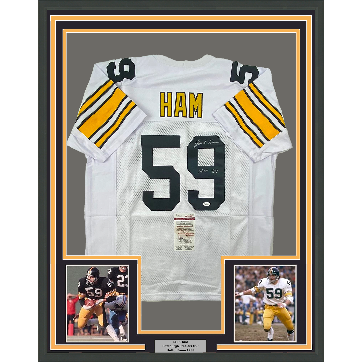 Framed Autographed/Signed Jack Ham HOF 88 35x39 Pittsburgh Steelers White Football Jersey JSA COA