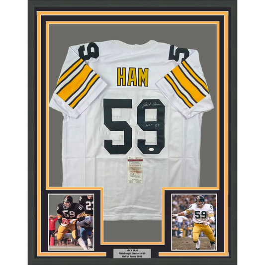Framed Autographed/Signed Jack Ham HOF 88 35x39 Pittsburgh Steelers White Football Jersey JSA COA