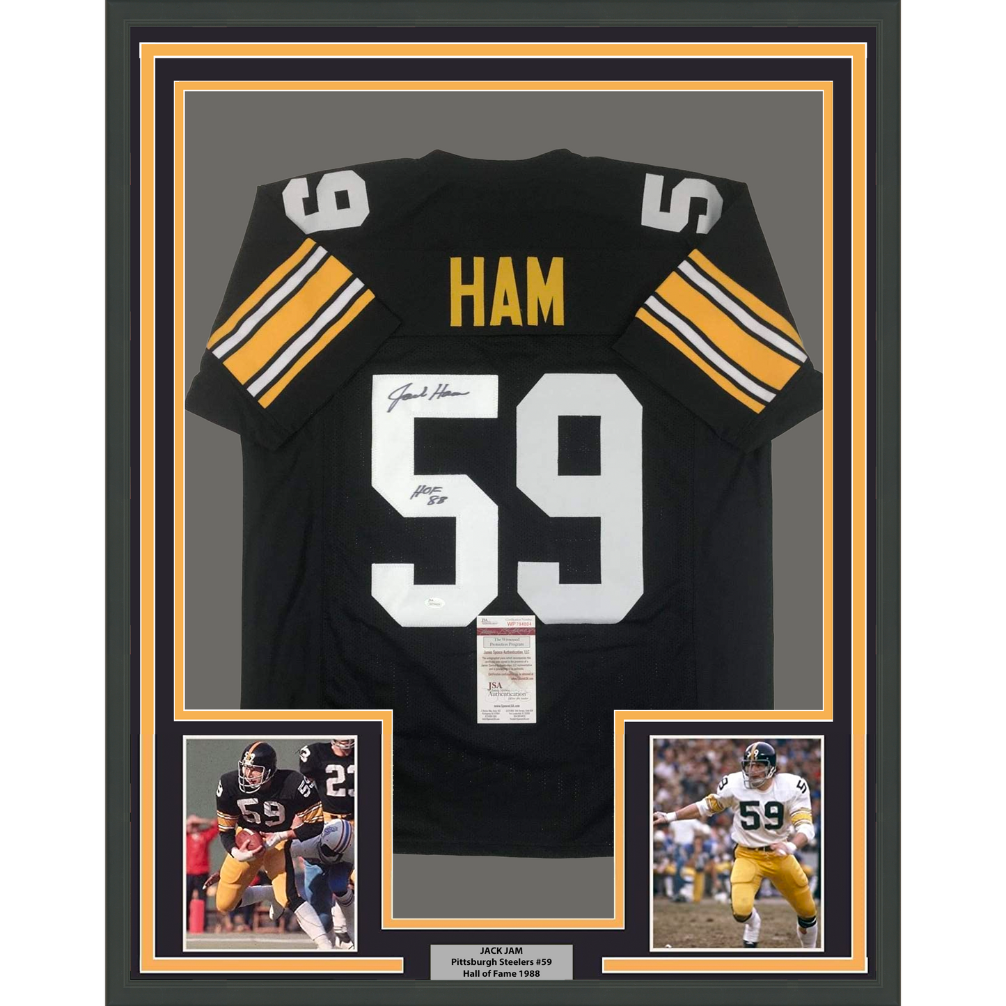 Framed Autographed/Signed Jack Ham HOF 88 35x39 Pittsburgh Black Football Jersey JSA COA