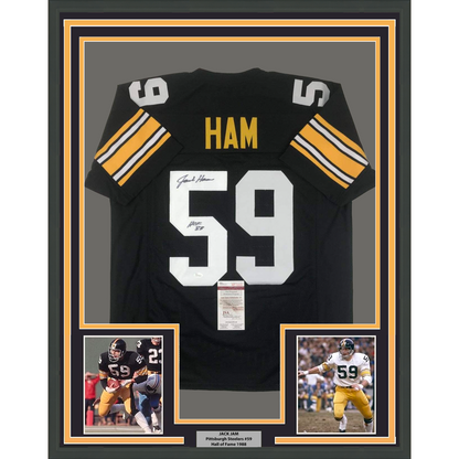 Framed Autographed/Signed Jack Ham HOF 88 35x39 Pittsburgh Black Football Jersey JSA COA