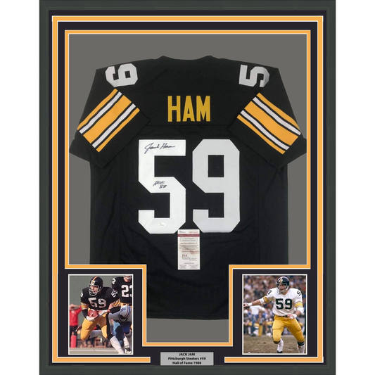 Framed Autographed/Signed Jack Ham HOF 88 35x39 Pittsburgh Black Football Jersey JSA COA