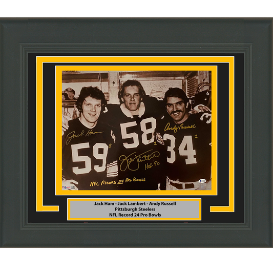 Framed Autographed/Signed Jack Ham Jack Lambert Andy Russell Pittsburgh Steelers 16x20 Football Photo Beckett BAS COA