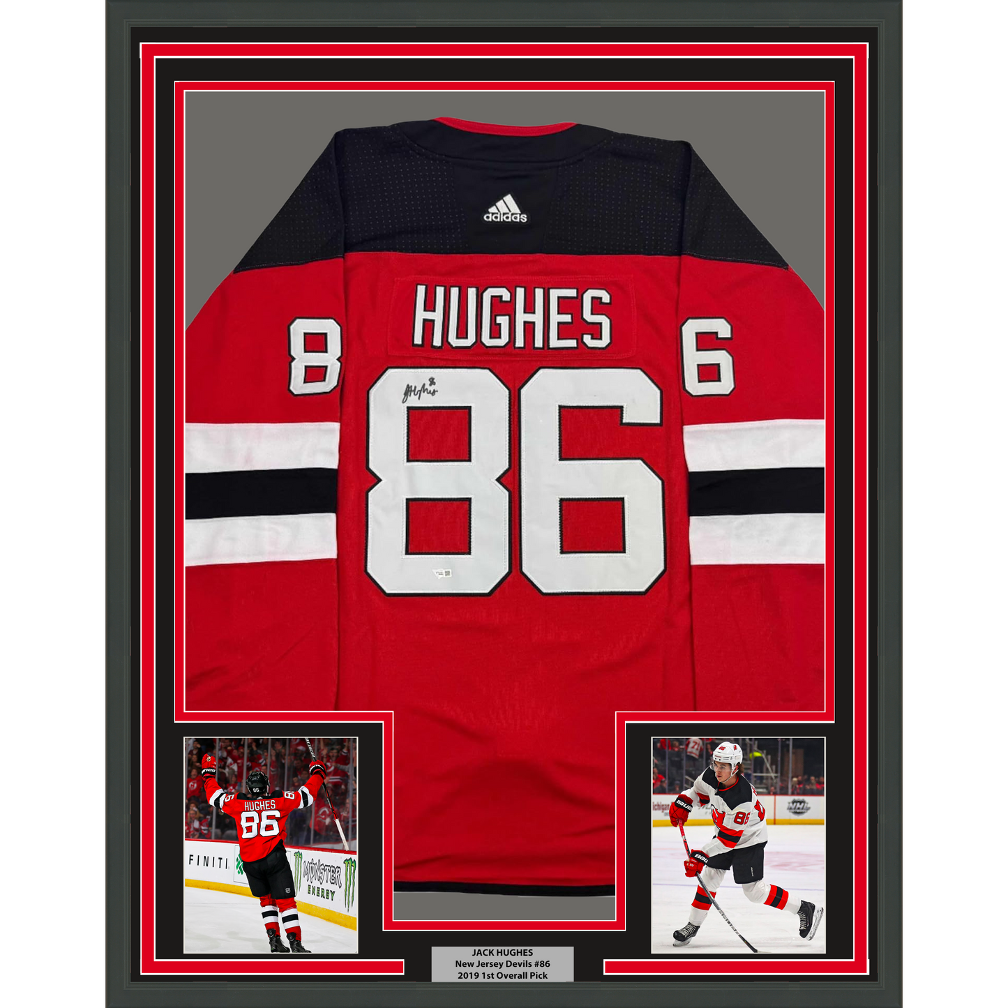 Framed Autographed/Signed Jack Hughes 35x39 New Jersey Devils Authentic Red Hockey Jersey Fanatics COA