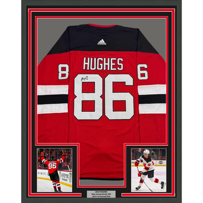Framed Autographed/Signed Jack Hughes 35x39 New Jersey Devils Authentic Red Hockey Jersey Fanatics COA