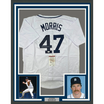 Framed Autographed/Signed Jack Morris 35x39 Detroit White Baseball Jersey JSA COA