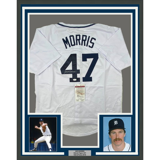Framed Autographed/Signed Jack Morris 35x39 Detroit White Baseball Jersey JSA COA