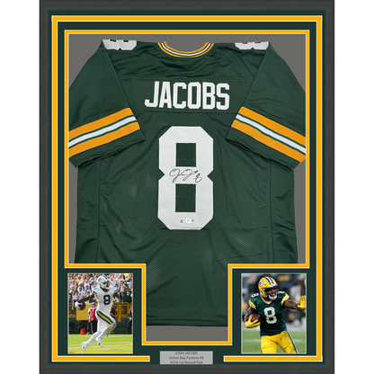 Framed Autographed/Signed Josh Jacobs 35x39 Green Bay Green Football Jersey Beckett BAS COA