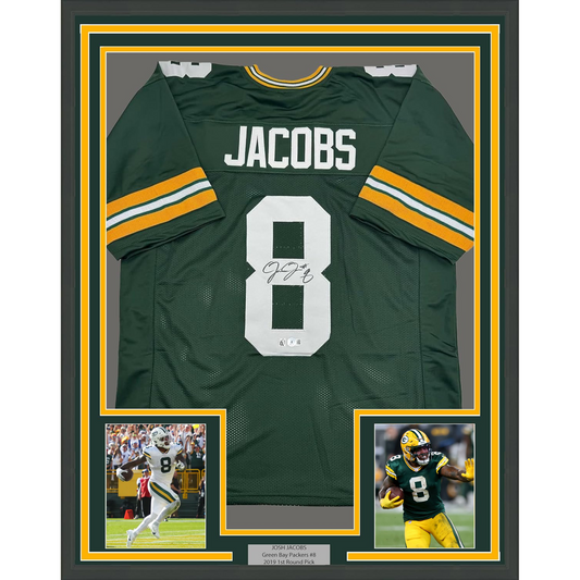 Framed Autographed/Signed Josh Jacobs 35x39 Green Bay Green Football Jersey Beckett BAS COA