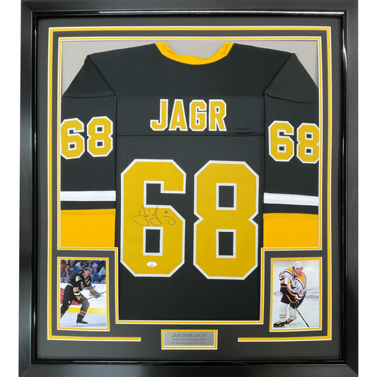 Framed Autographed/Signed Jaromir Jagr 35x39 Pittsburgh Black Hockey Jersey JSA COA