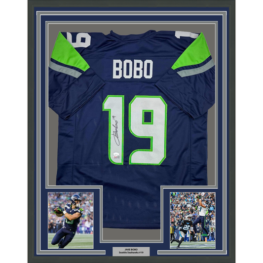 Framed Autographed/Signed Jake Bobo 35x39 Seattle Blue Football Jersey JSA COA
