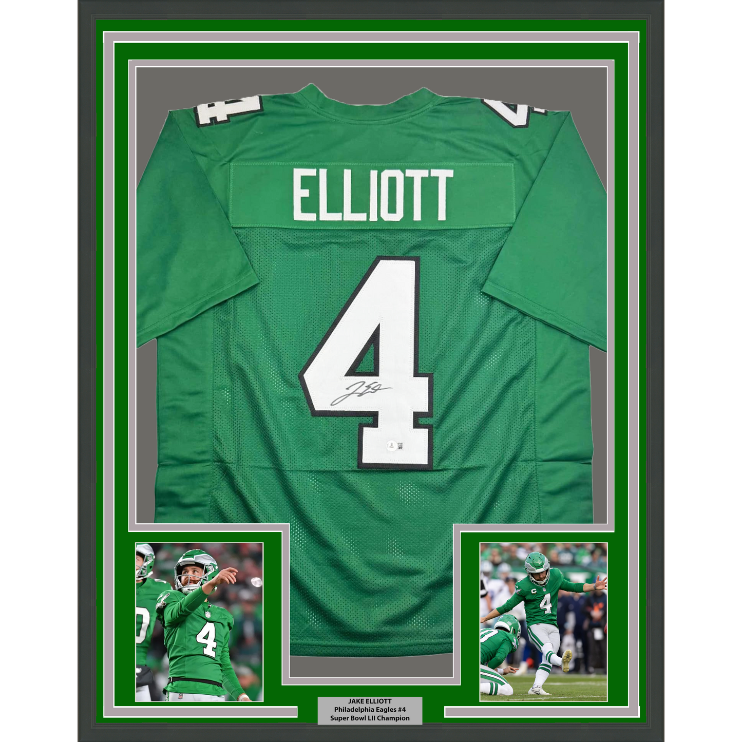 Framed Autographed/Signed Jake Elliott 35x39 Philadelphia Kelly Green Football Jersey Beckett BAS COA