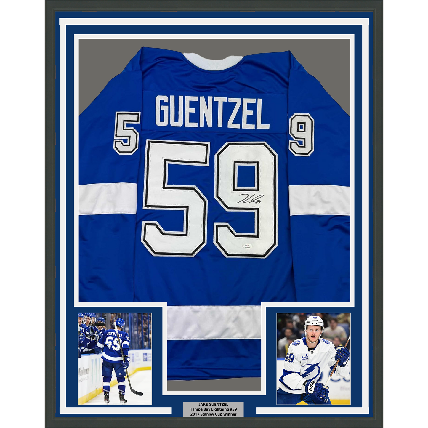 Framed Autographed/Signed Jake Guentzel 35x39 Tampa Bay Blue Hockey Jersey PSA COA