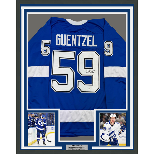 Framed Autographed/Signed Jake Guentzel 35x39 Tampa Bay Blue Hockey Jersey PSA COA