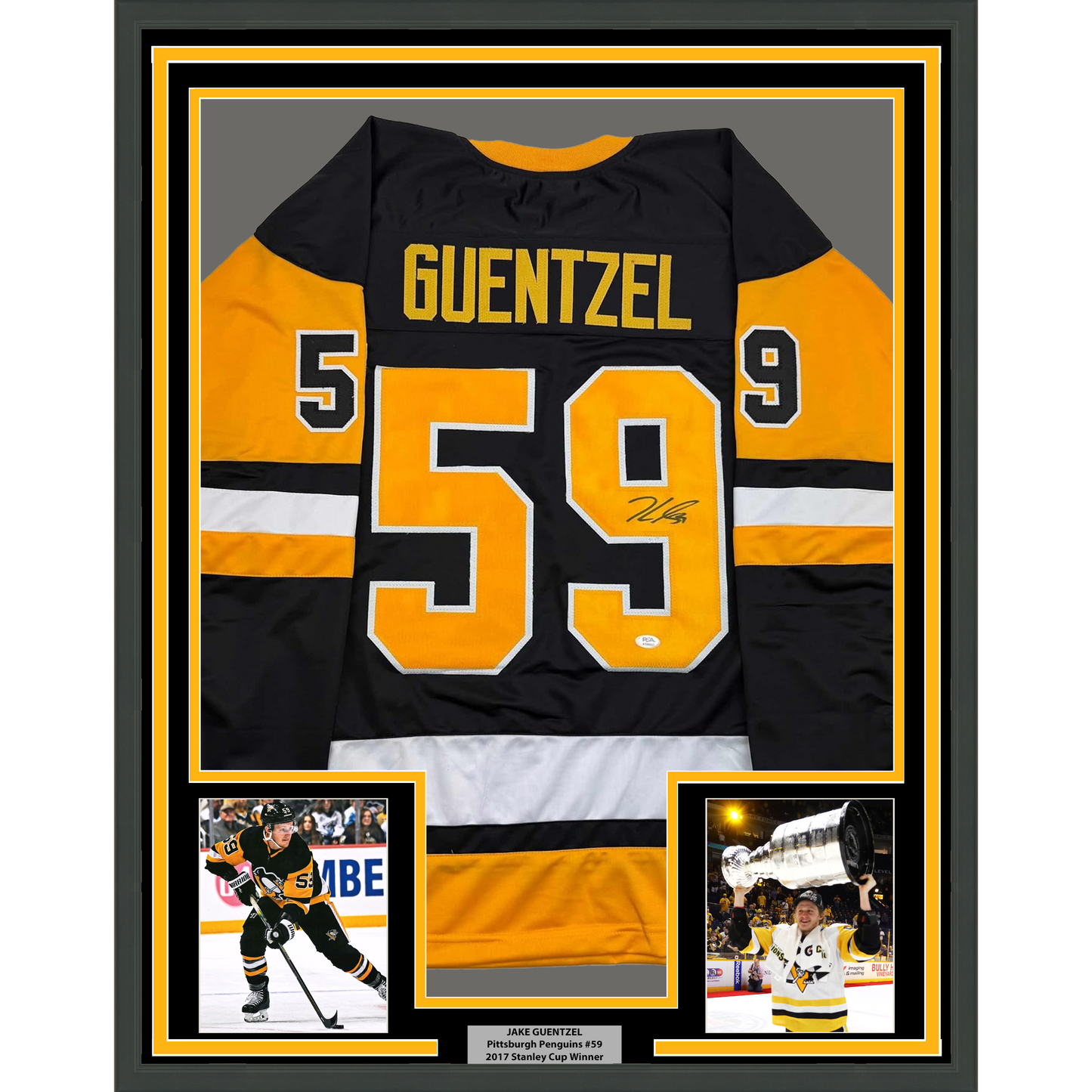 Framed Autographed/Signed Jake Guentzel 35x39 Pittsburgh Black Hockey Jersey JSA COA