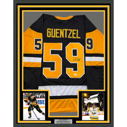 Framed Autographed/Signed Jake Guentzel 35x39 Pittsburgh Black Hockey Jersey JSA COA