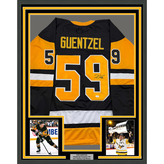 Framed Autographed/Signed Jake Guentzel 35x39 Pittsburgh Black Hockey Jersey JSA COA
