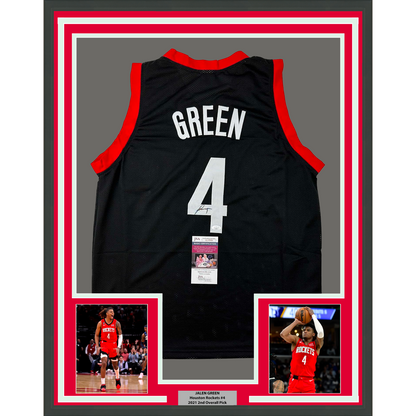 Framed Autographed/Signed Jalen Green 35x39 #4 Houston Black Basketball Jersey JSA COA