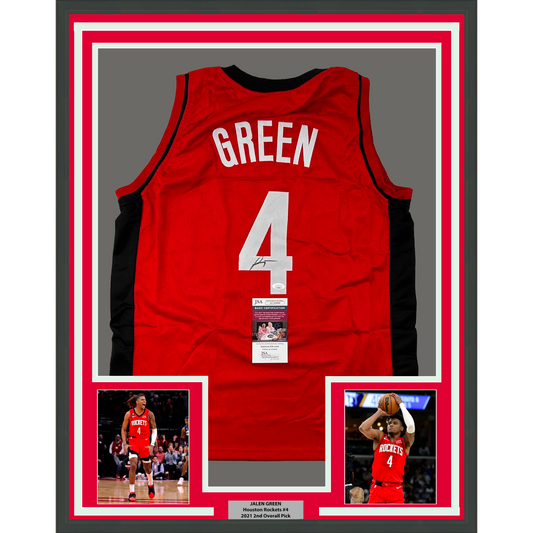 Framed Autographed/Signed Jalen Green 35x39 #4 Houston Red Basketball Jersey JSA COA