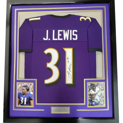Framed Autographed/Signed Jamal Lewis 35x39 Baltimore Purple Football Jersey JSA COA