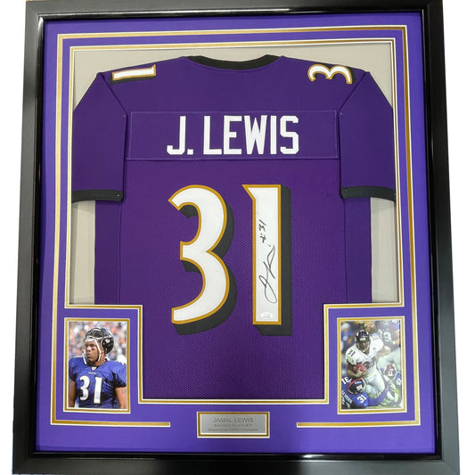 Framed Autographed/Signed Jamal Lewis 35x39 Baltimore Purple Football Jersey JSA COA