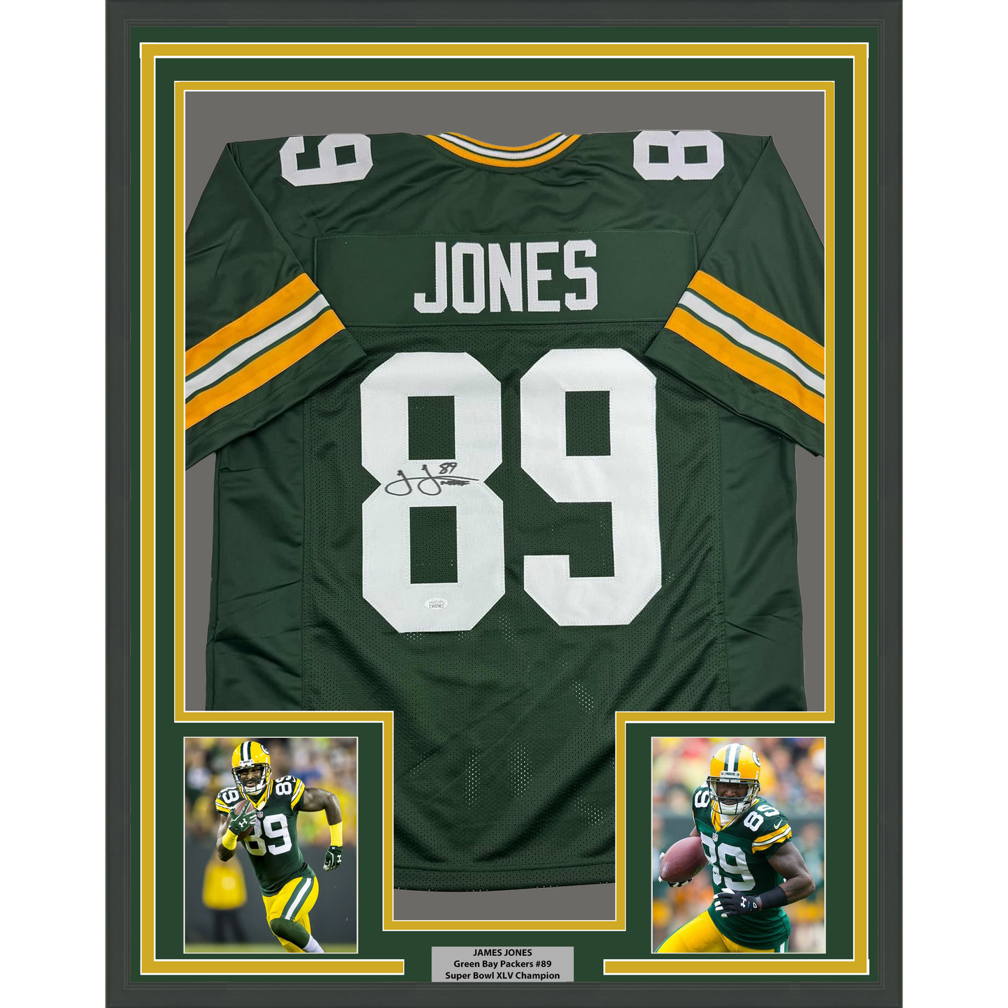 Framed Autographed/Signed James Jones 35x39 Green Bay Green Football Jersey JSA COA