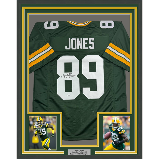 Framed Autographed/Signed James Jones 35x39 Green Bay Green Football Jersey JSA COA