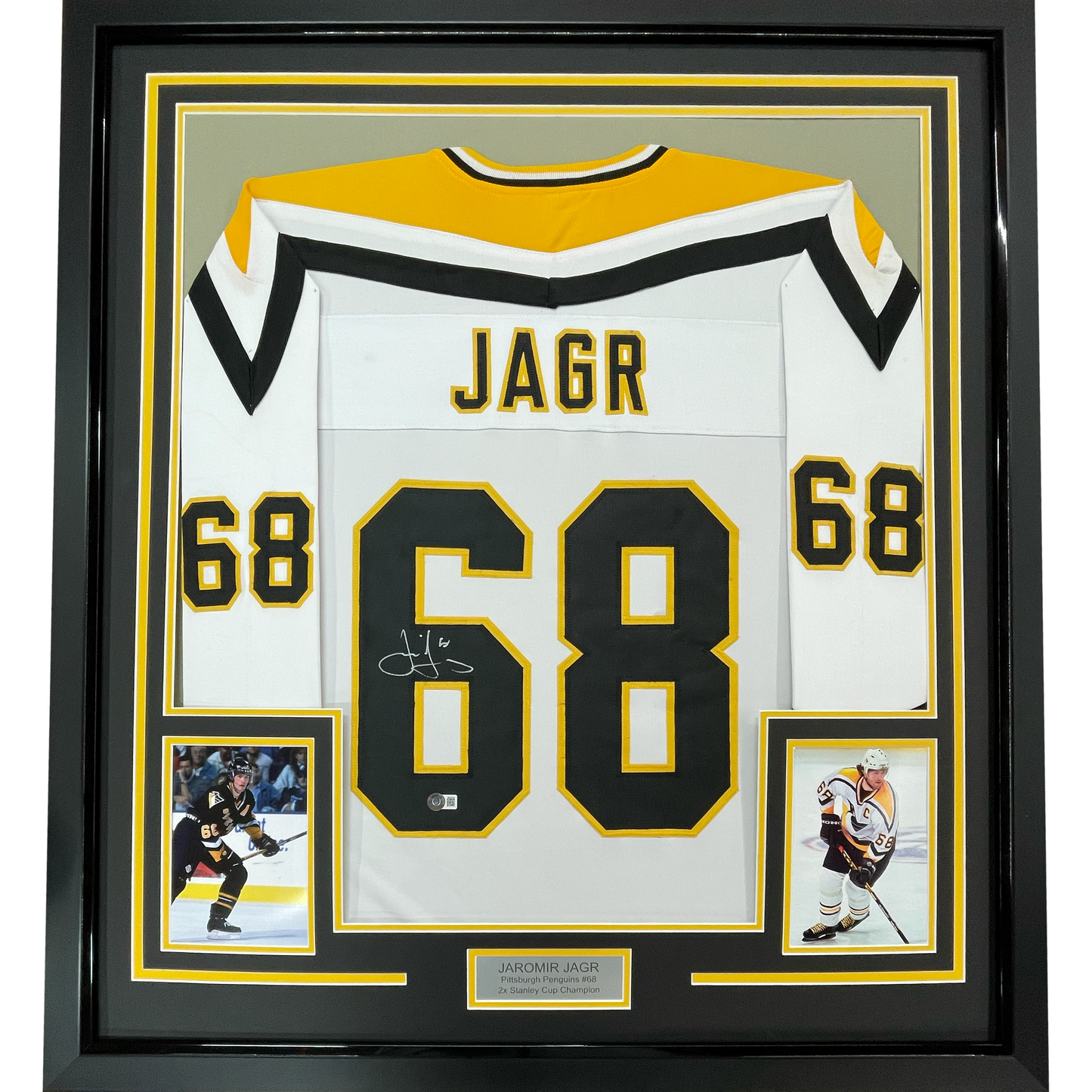 Framed Autographed/Signed Jaromir Jagr 35x39 Pittsburgh White Hockey Jersey JSA COA