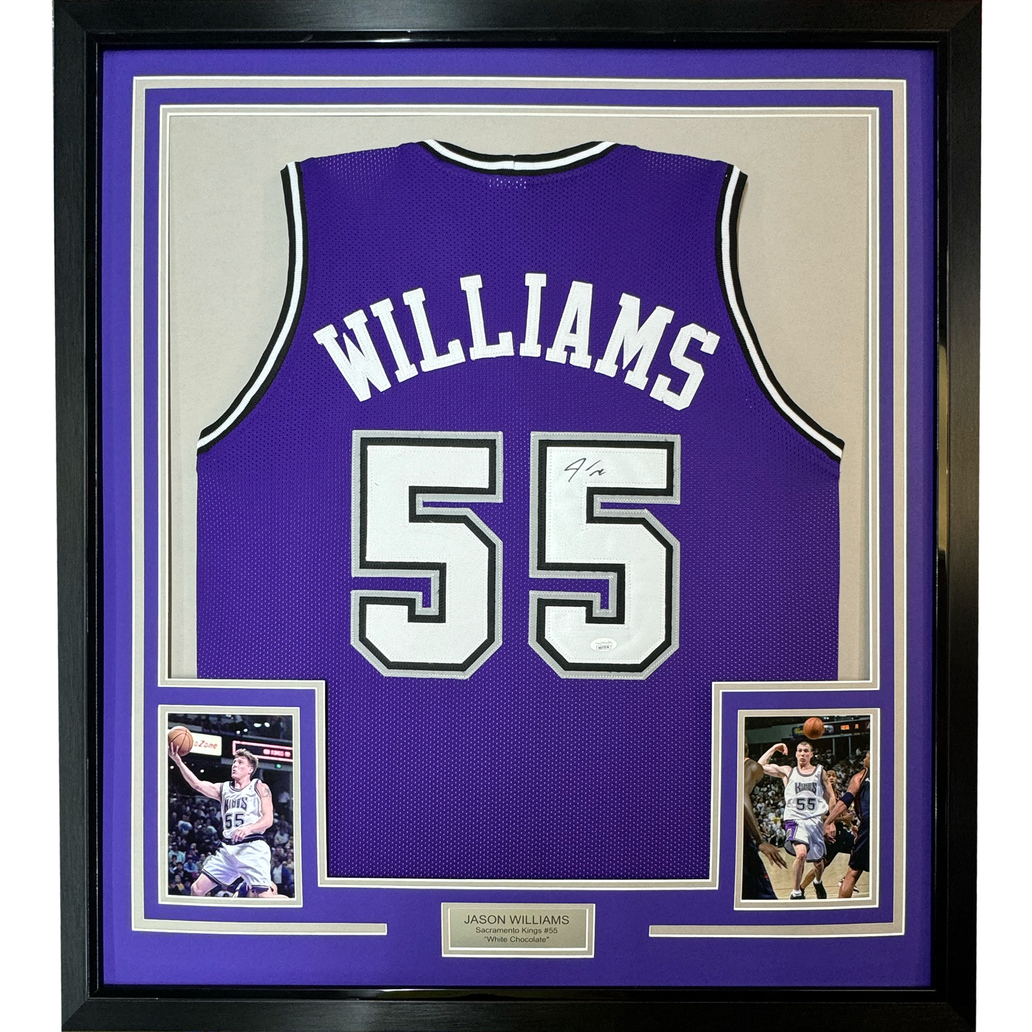 Framed Autographed/Signed Jason Williams 35x39 Sacramento Purple Basketball Jersey PSA/DNA COA