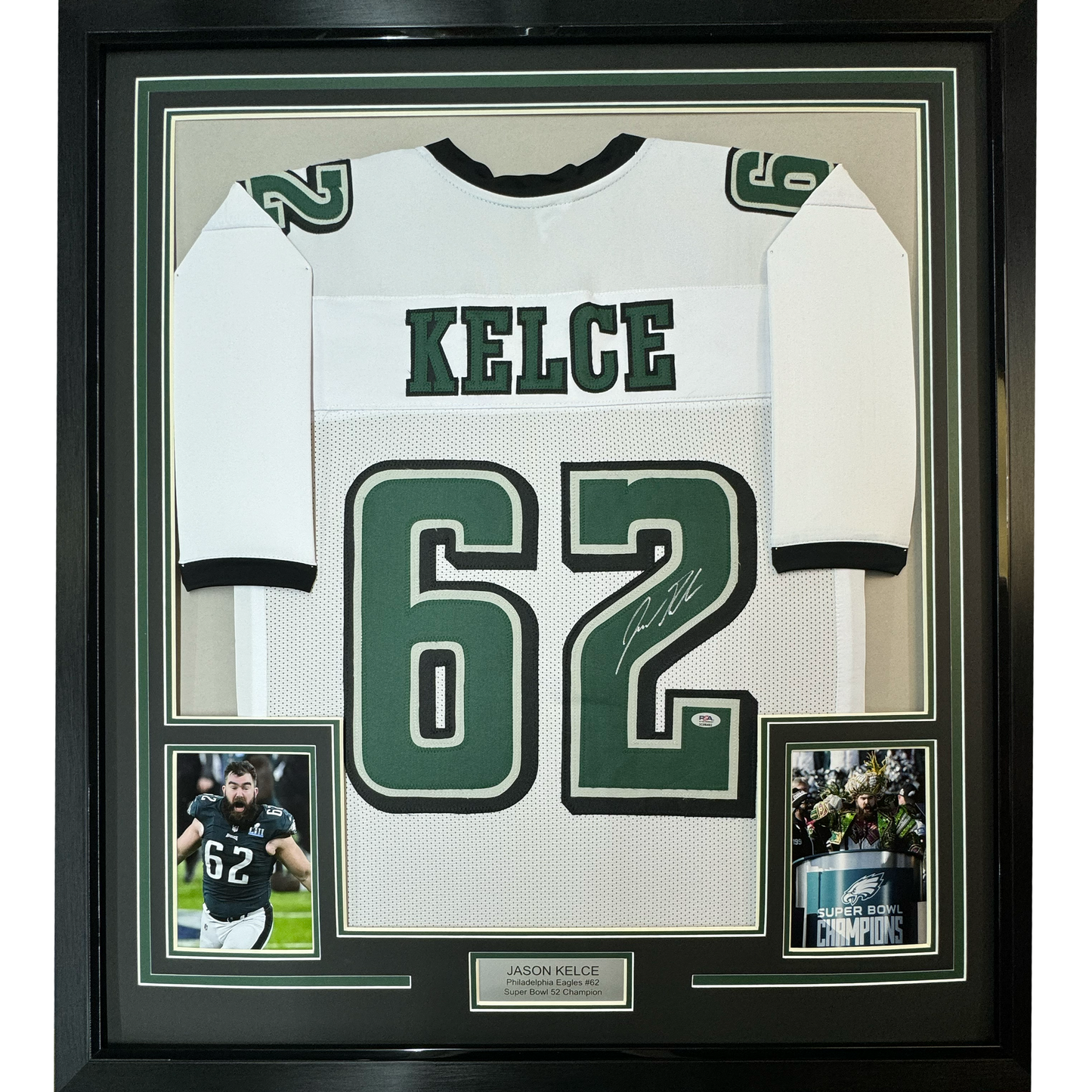 Framed Autographed/Signed Jason Kelce 35x39 Philadelphia White Football Jersey PSA/DNA COA