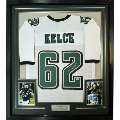 Framed Autographed/Signed Jason Kelce 35x39 Philadelphia White Football Jersey PSA/DNA COA