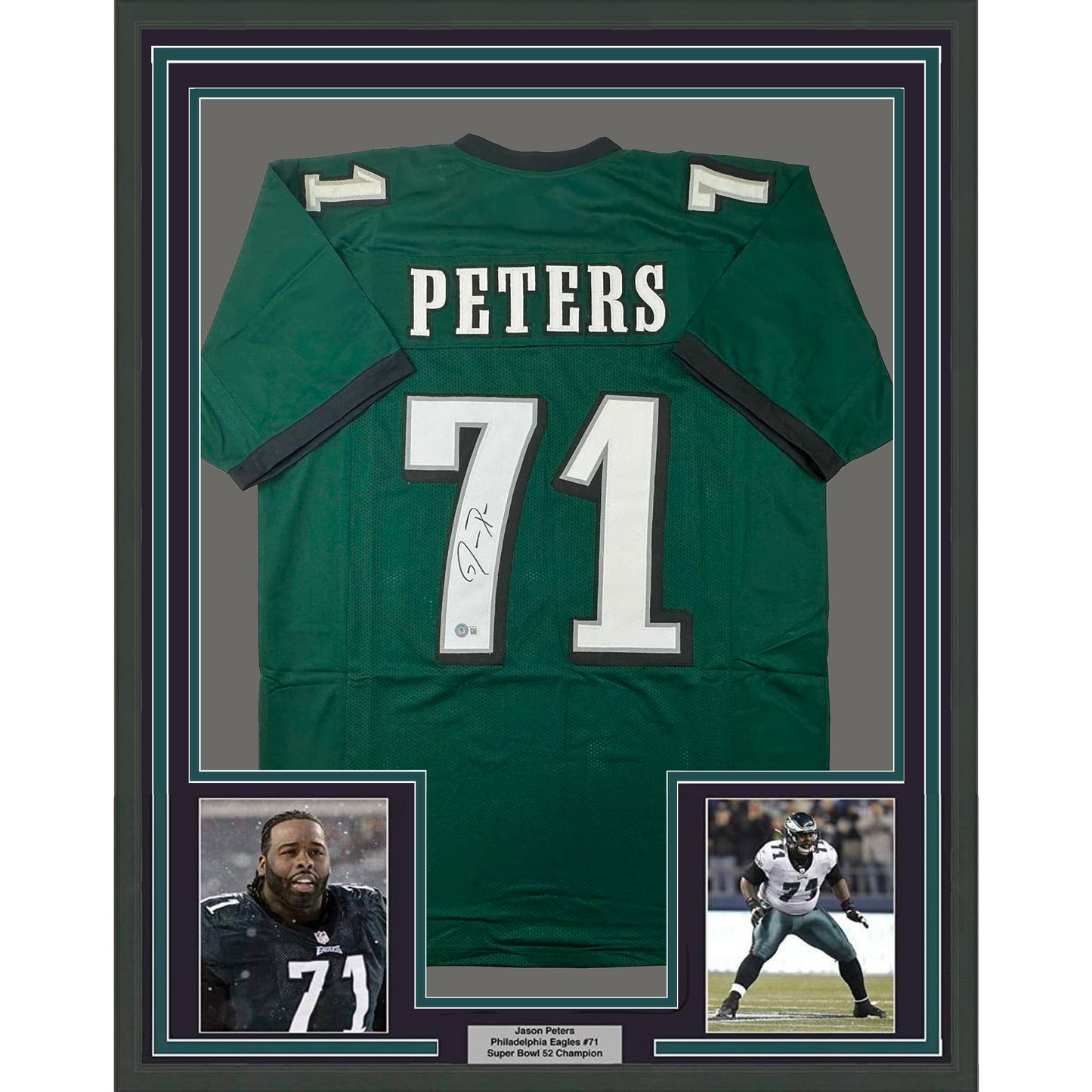 Framed Autographed/Signed Jason Peters 35x39 Philadelphia Eagles Green Football Jersey JSA COA