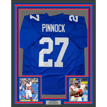 Framed Autographed/Signed Jason Pinnock 35x39 New York Blue Football Jersey PSA/DNA COA