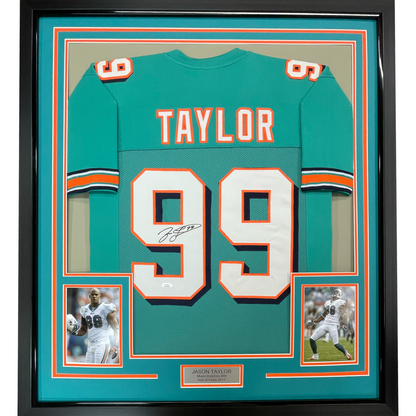 Framed Autographed/Signed Jason Taylor 35x39 Miami Teal Football Jersey JSA COA