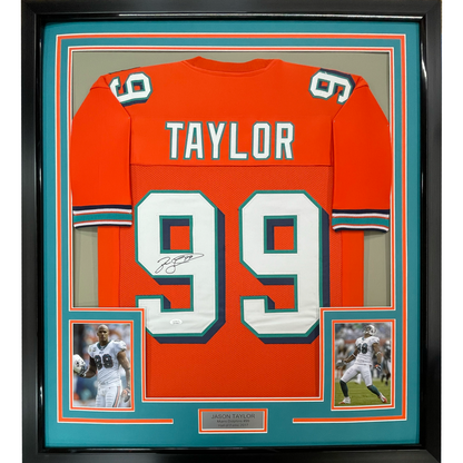 Framed Autographed/Signed Jason Taylor 35x39 Miami Orange Football Jersey JSA COA