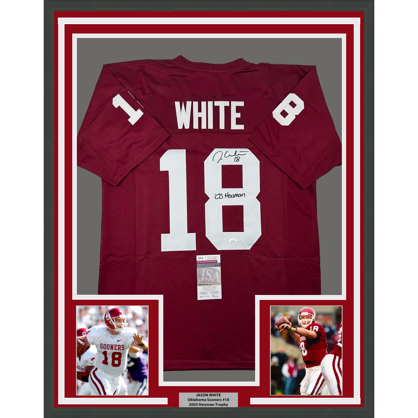 Framed Autographed/Signed Jason White 35x39 03 Heisman Oklahoma Maroon College Football Jersey JSA COA